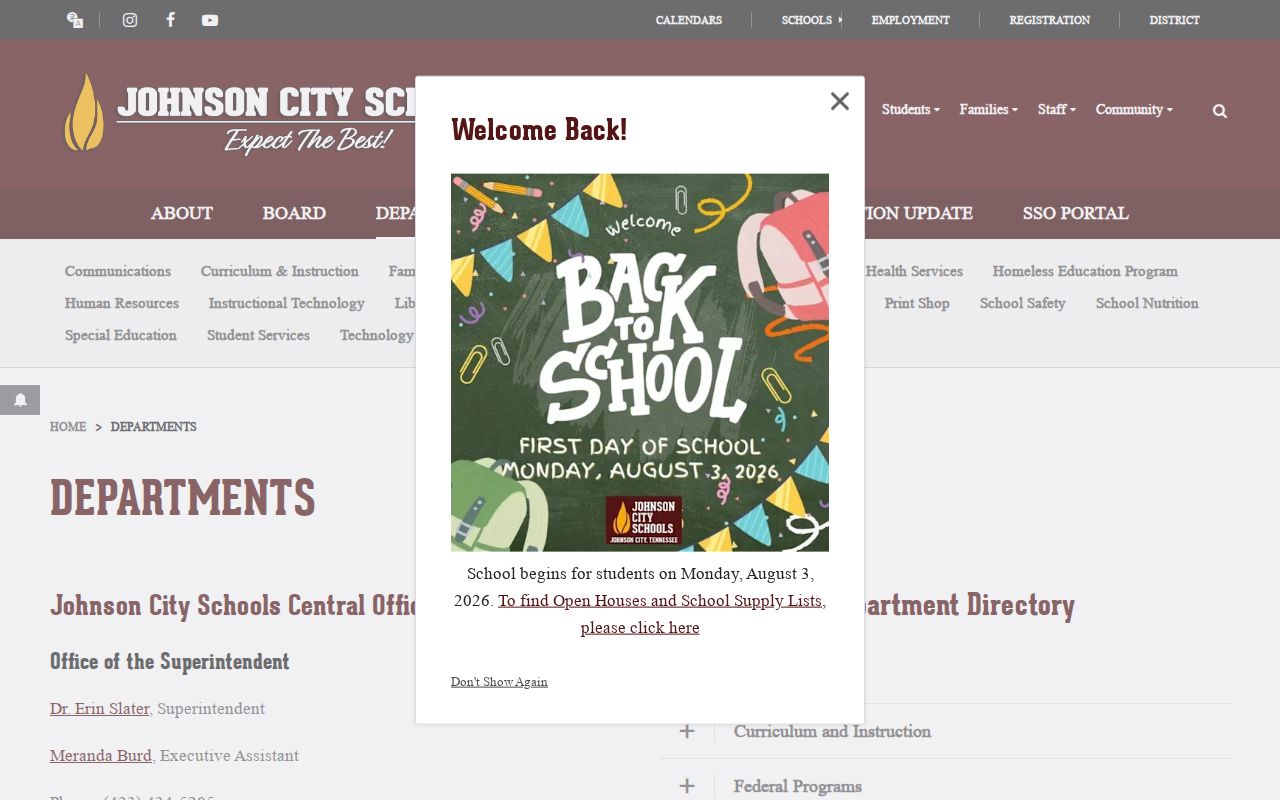 Johnson City people directories screenshot of city school department contacts