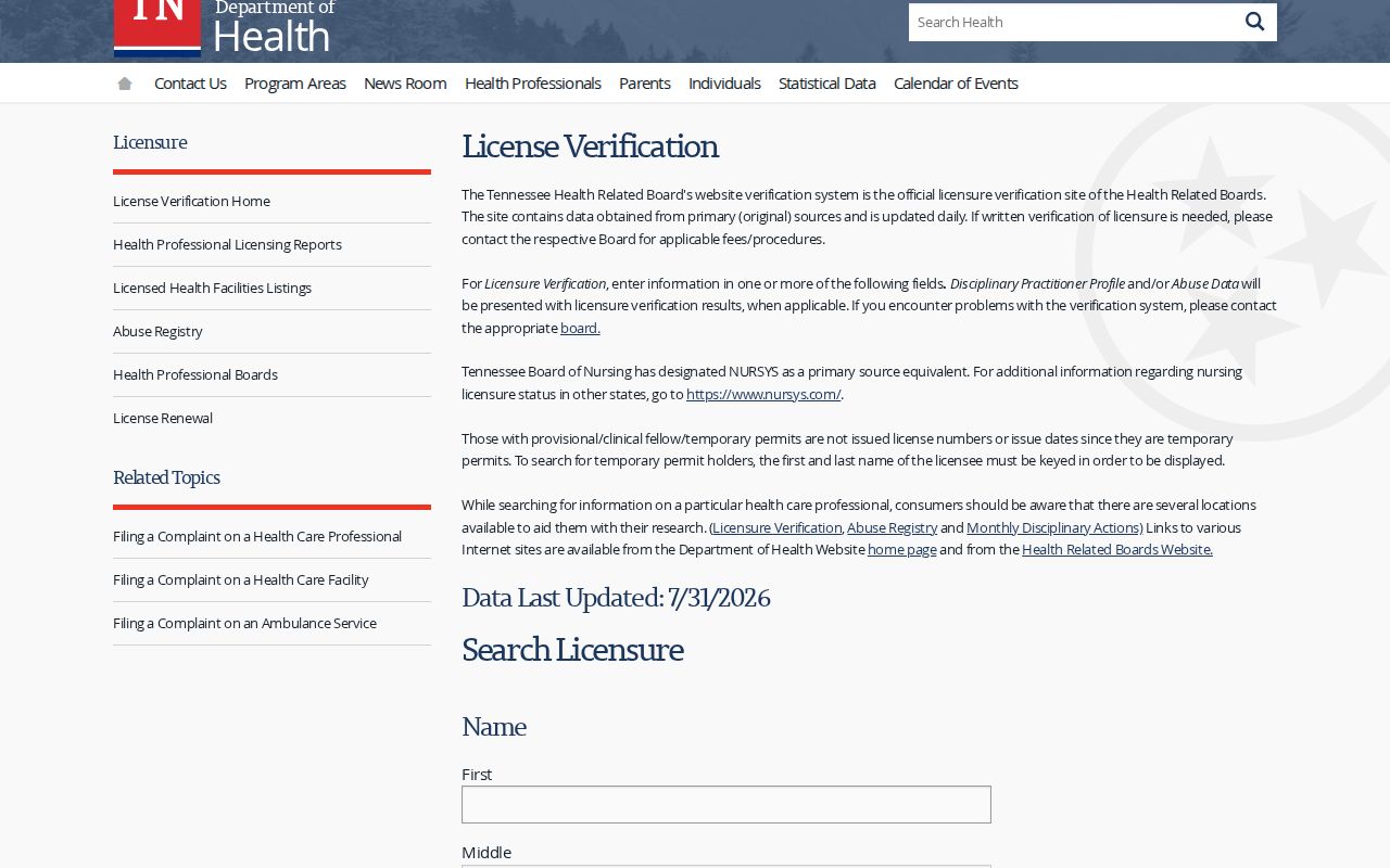 Johnson City people directories screenshot of Tennessee health license lookup