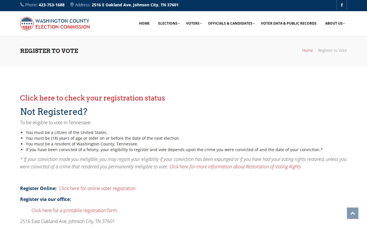 Johnson City voter registration office page for Washington County